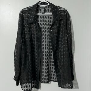 Notations Sheer Blouse XL Black Button Front Textured Grid Lightweight Top